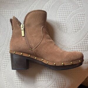 UGG Tan Suede Wood Heel Ankle Boots with Gold Studs